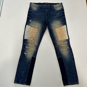 Men’s South Pole Art Deco Patched Bleached Pleated Skinny Jeans Size 36x32